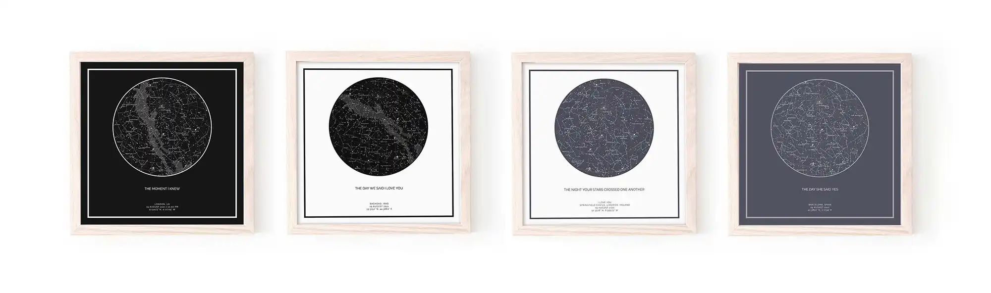 Night Sky custom star maps collection, framed on wall