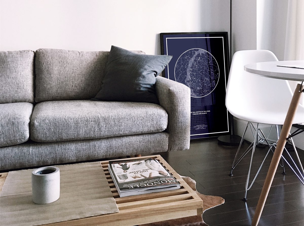 Night Sky custom star map, navy blue background, framed in nordic design room.